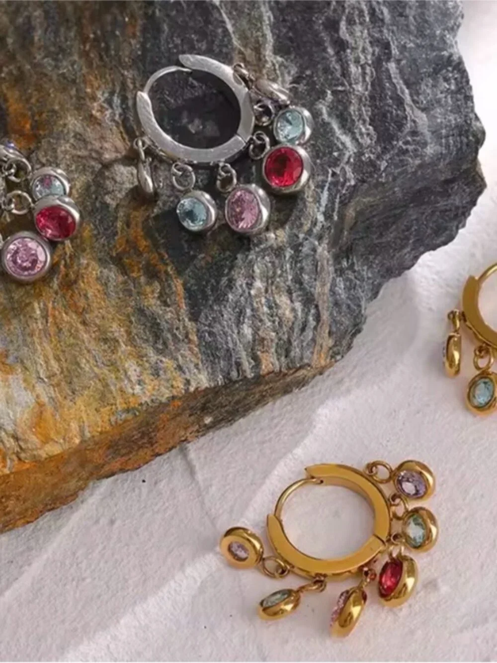 Gold plated Hoop Earrings with Pink, Purple, Blue & Red Stones